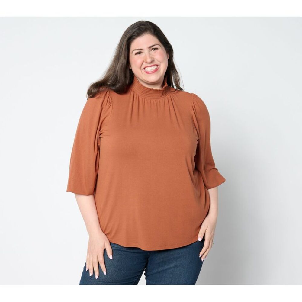 Studio Park Women's Top Plus Sz 1X Smocked Neck Knit Brown A655420